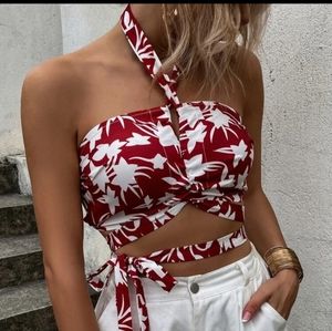 Shein - Print, Cut Out, Knot Front, Backless Halter Top - Size M/6